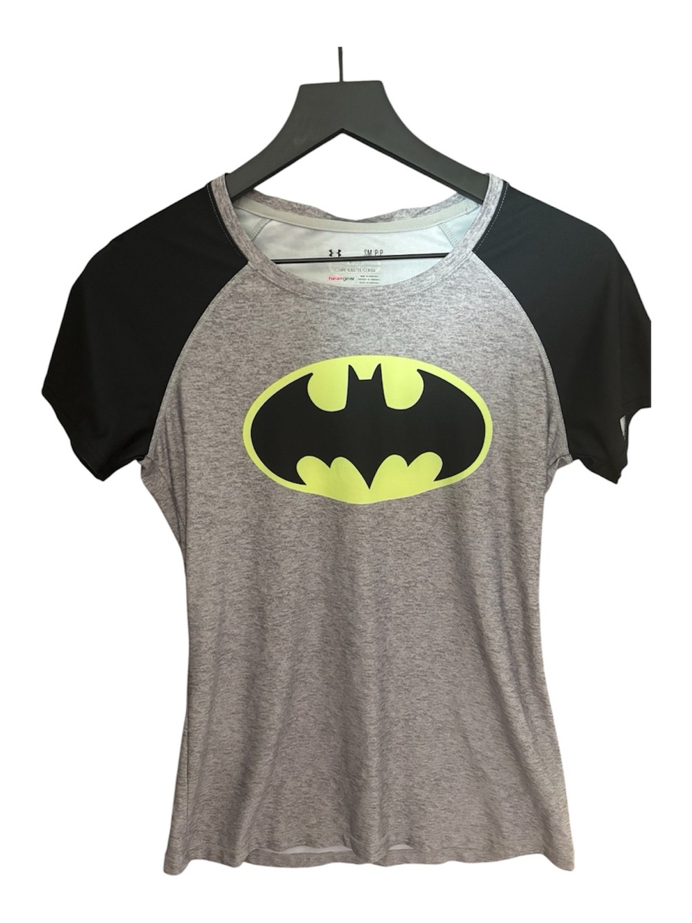 Under Armour Women's Grey and Black Batman Logo Short Sleeve Tee
